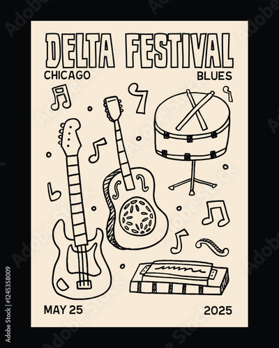Hand-drawn doodle-style illustration of a blues music festival poster, featuring guitars, a harmonica, and a snare drum, perfect for event branding and music promotions.