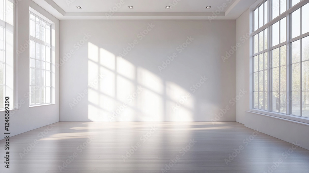 Sunlit Empty Room with Hardwood Floor and Large Windows, Minimalist Interior Design with Sunlight Streaming Through Windows onto Hardwood Floors Sunlit Empty Room with Hardwood Floor and Large Windows, Minimalist Interior Design with Sunlight Streaming Through Windows onto Hardwood Floors