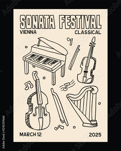 A hand-drawn doodle-style illustration showcasing classical music elements, including a grand piano, violin, cello, and harp, perfect for event branding.