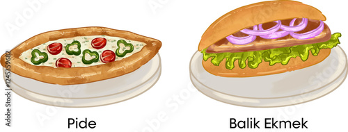 Turkish Food Vector Illustration Pide Balik Ekmek