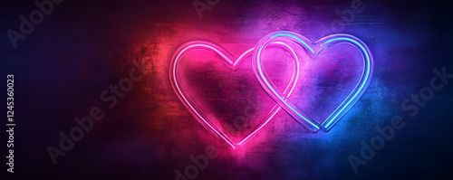 Vibrant neon hearts glowing in a dark background, symbolizing love and connection.