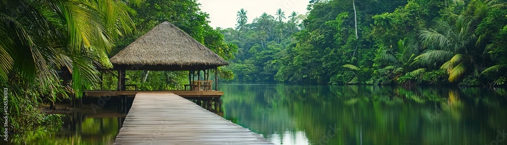 Achieving Net Zero for a Sustainable Future with Lasting Impact, Serene lakeside view with a thatched hut surrounded by lush greenery.