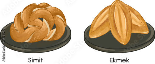 Turkish Food Vector Illustration Simit ekmek