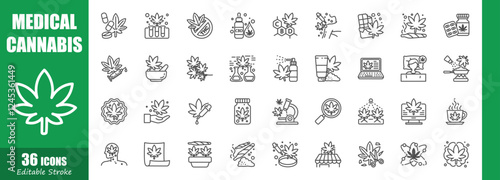 Cannabis . Medical outline icon collection . Editable stroke . Vector .