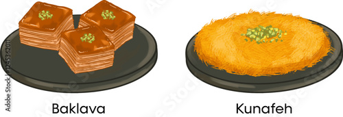 Turkish Food Vector Illustration Baklava Kunafeh Kunafa