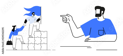 Two characters standing on puzzle blocks holding a flag, helping each other. Other character pointing direction. Ideal for teamwork, leadership, guidance, goal achievement, collaboration, support