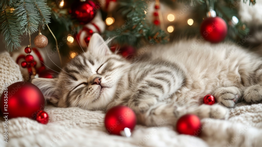Obraz premium Festive cat lying under a Christmas tree, surrounded by decorations