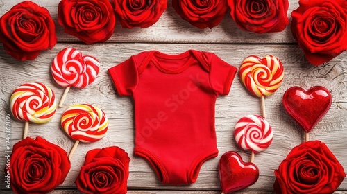 Red Baby Bodysuit With Roses And Hearts On White Wood Backgrounds And Accessories With Sweet Treats