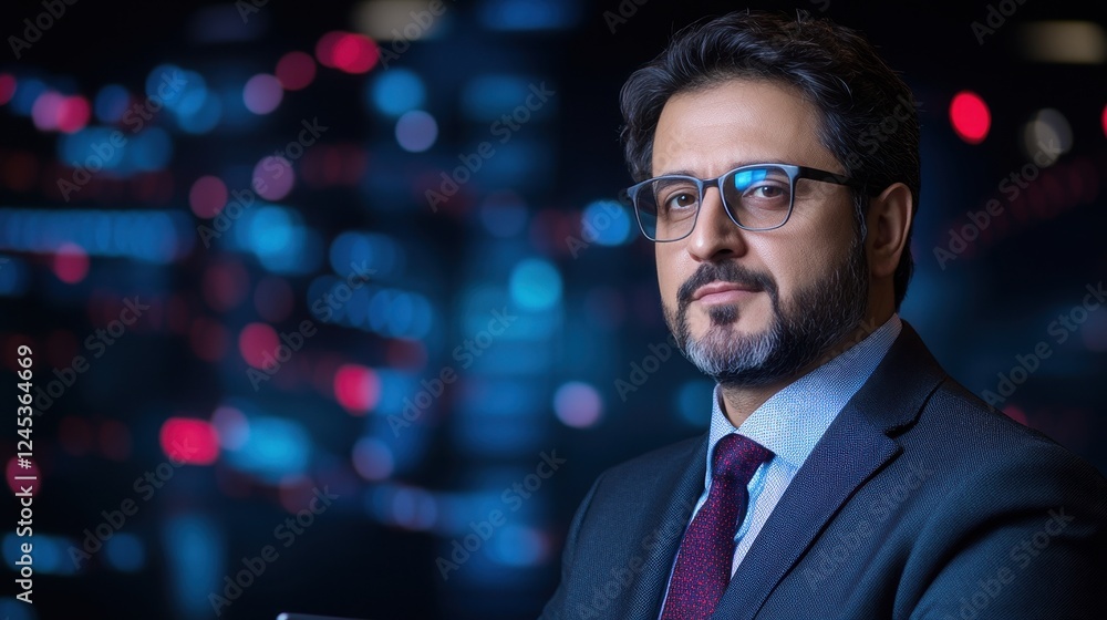Professional Pakistani Man in High-Tech Workspace Analyzing Data Professional Pakistani Man in High-Tech Workspace Analyzing Data