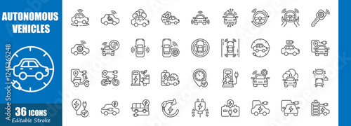 Autonomous vehicles and electric vehicle . Technology outline icon collection . Editable stroke . Vector .