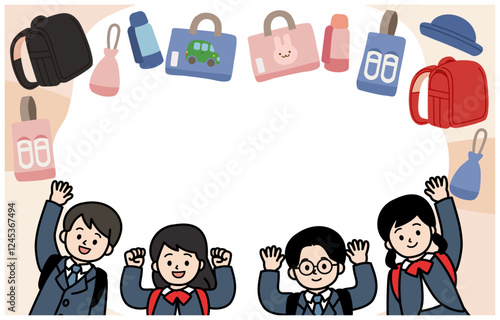 小学生の子どもたちと通学準備のベクターイラスト
