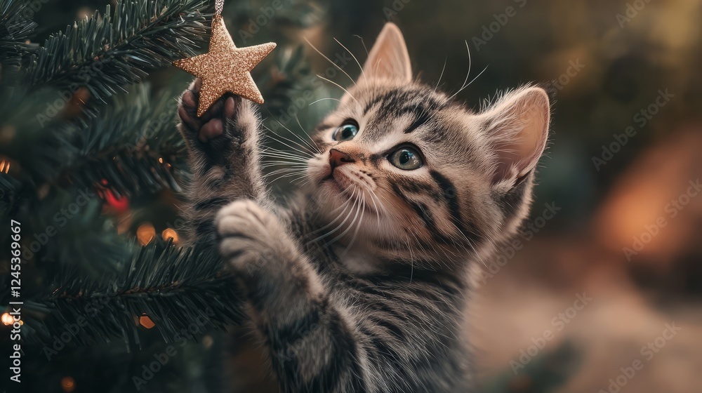 Fototapeta premium Playful tabby kitten pawing at the star on a Christmas tree
