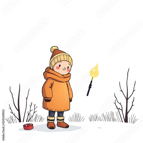 an image of a little boy in a winter coat holding a torch, cartoon of a boy in a winter coat holding a torch photo