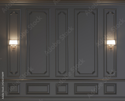 Luxury black wall panel moulding with sconce 3d render