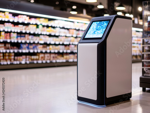 futuristic AI powered self checkout kiosk in grocery store
