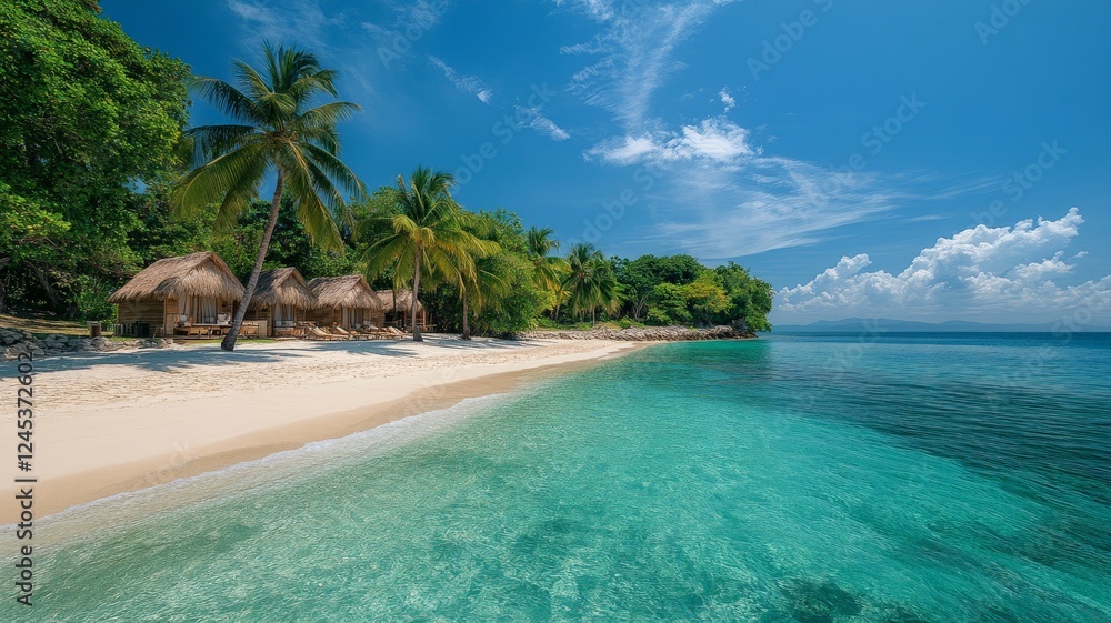 Fototapeta premium beautiful beach, clear blue water and white sand, tropical trees on both sides of the island