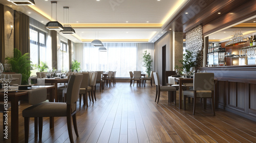 Rustic dining room with a blank table runner, Light-filled oval chateau breakfast room with custom arched windows inlaid herringbone floors plaster