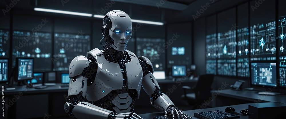 AI Overseeing Systems: A highly advanced humanoid robot sits before a network of computer screens displaying complex data streams, conveying a sense of technological prowess and futuristic control. AI Overseeing Systems: A highly advanced humanoid robot sits before a network of computer screens displaying complex data streams, conveying a sense of technological prowess and futuristic control.