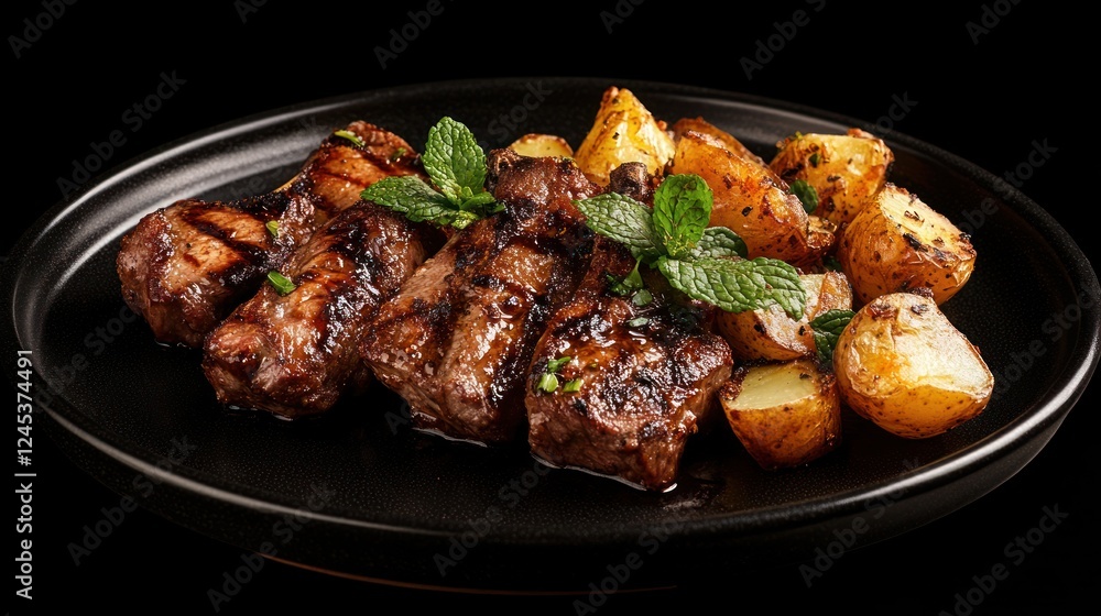 Grilled meat, roasted potatoes, mint garnish, dark background; restaurant menu Grilled meat, roasted potatoes, mint garnish, dark background; restaurant menu