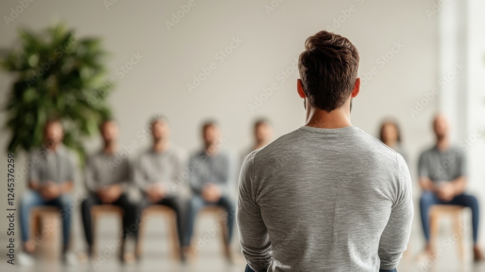 Fototapeta premium A group meeting scene with one participant listening intently. Focus on the individual from behind, showcasing engagement and group dynamics.