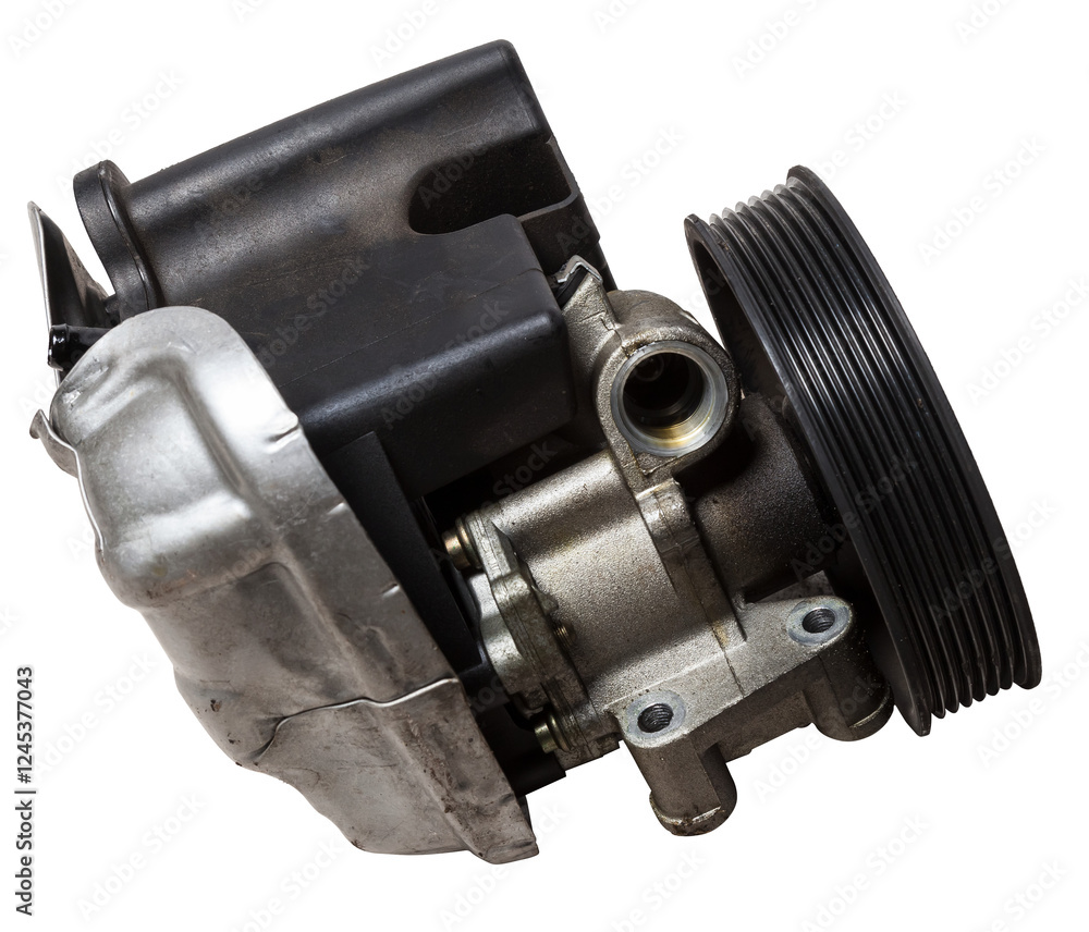 Vane pump or hydraulic power steering pump on a white background engine parts. Spare parts auto catalog. Vane pump or hydraulic power steering pump on a white background engine parts. Spare parts auto catalog.