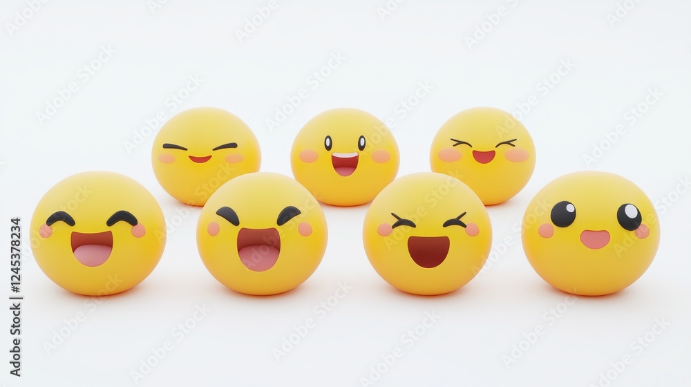 40.Pack of 3D emoticons with detailed expressions, featuring bright yellow faces in different moods, including joy, excitement, and playful winking, arranged symmetrically on a white background. 40.Pack of 3D emoticons with detailed expressions, featuring bright yellow faces in different moods, including joy, excitement, and playful winking, arranged symmetrically on a white background.