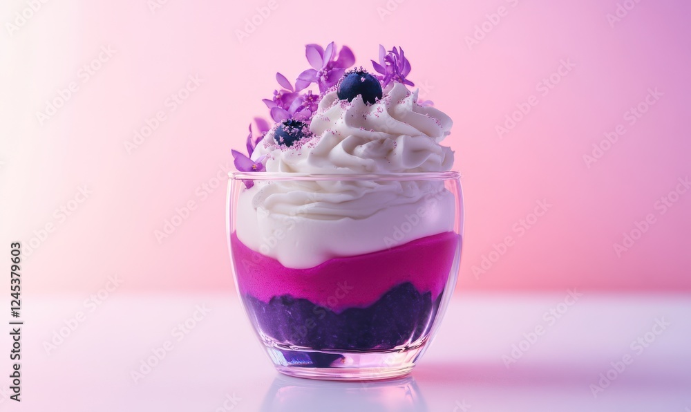 Layered sweet dessert in a glass with yogurt, chia seeds, blueberry mousse and cream, decorated with fresh berries and edible flowers, vivid minimalistic background with copy space, AI generated photo Layered sweet dessert in a glass with yogurt, chia seeds, blueberry mousse and cream, decorated with fresh berries and edible flowers, vivid minimalistic background with copy space, AI generated photo