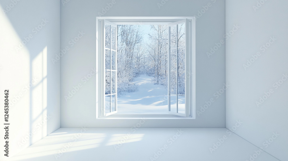 Bright and minimalistic interior with a winter view through a large window during daylight, Window filling an empty apartment room with natural lighting. Bright and minimalistic interior with a winter view through a large window during daylight, Window filling an empty apartment room with natural lighting.