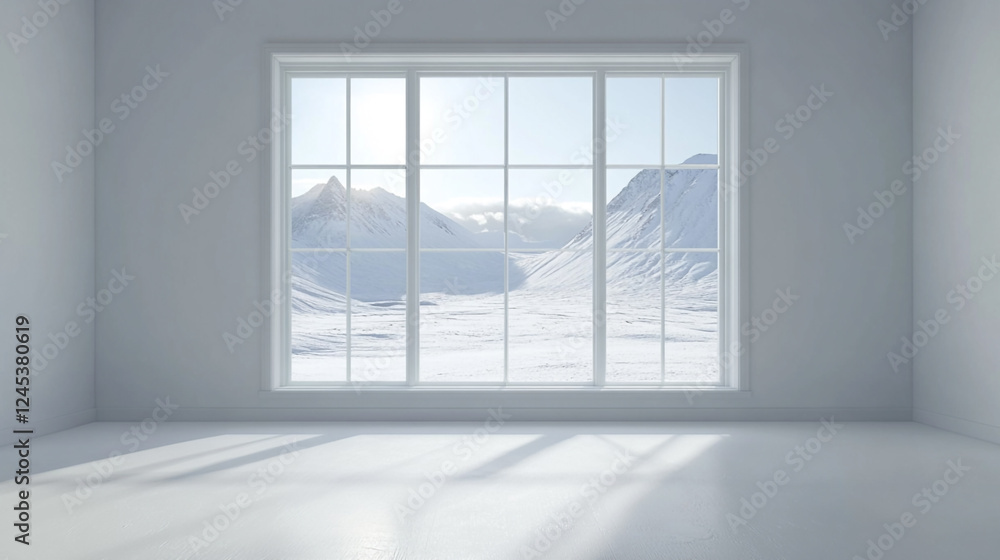 Minimalist white room with large windows and bench. An empty room with a serene snowy landscape visible through window in background Minimalist white room with large windows and bench. An empty room with a serene snowy landscape visible through window in background