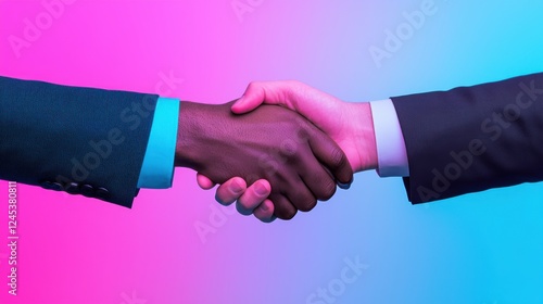 handshake concept symbolizing a successful digital business agreement  The vibrant colorful represents the modern innovative and synergistic nature of contemporary corporate connections and alliances photo