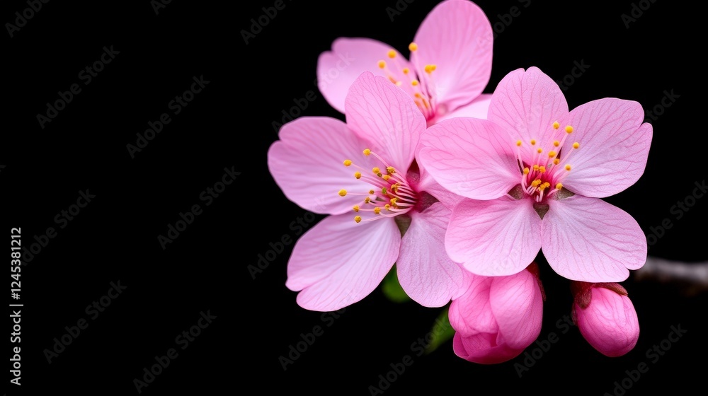 Blooming Cherry Blossom: A close-up showcases delicate pink cherry blossoms against a contrasting black background, capturing the ephemeral beauty and fresh of spring. Blooming Cherry Blossom: A close-up showcases delicate pink cherry blossoms against a contrasting black background, capturing the ephemeral beauty and fresh of spring.