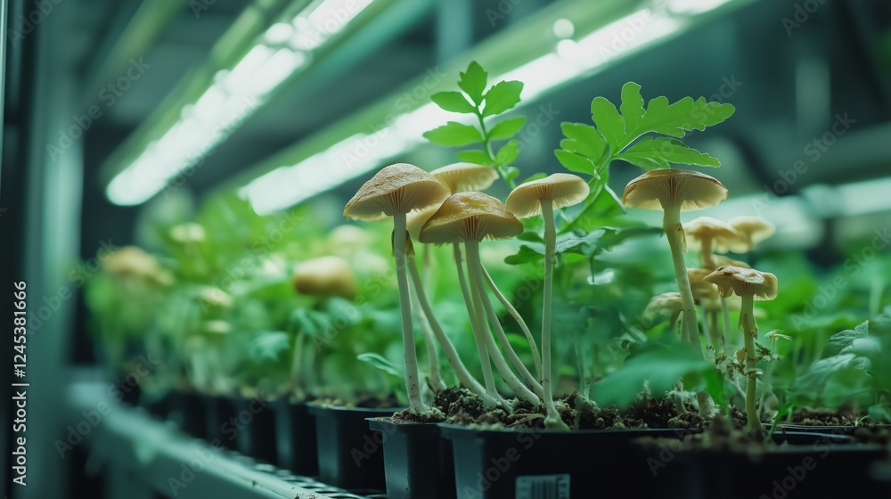Artificially cultivated mushrooms and tomato seedlings Artificially cultivated mushrooms and tomato seedlings