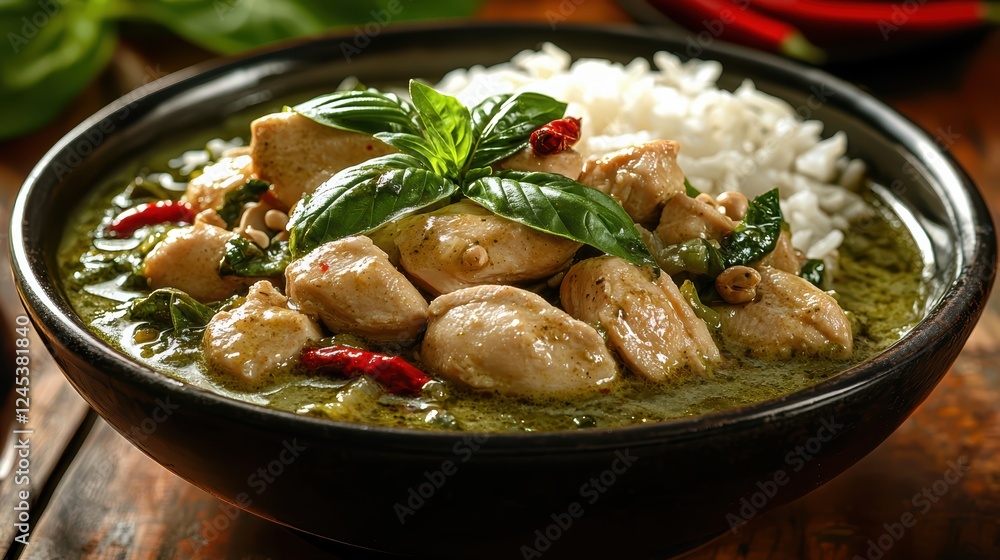 A vibrant Thai green curry with chicken, coconut milk, and fresh basil, served in a traditional bowl, with colorful ingredients creating a stunning presentation. A vibrant Thai green curry with chicken, coconut milk, and fresh basil, served in a traditional bowl, with colorful ingredients creating a stunning presentation.