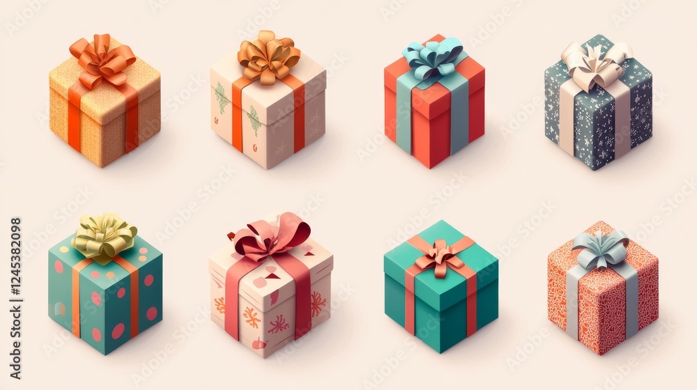 101.A detailed icon pack of gift boxes with creative elements like layered ribbons, textured wraps, and dynamic shadows, suitable for holiday or celebration themes. 101.A detailed icon pack of gift boxes with creative elements like layered ribbons, textured wraps, and dynamic shadows, suitable for holiday or celebration themes.