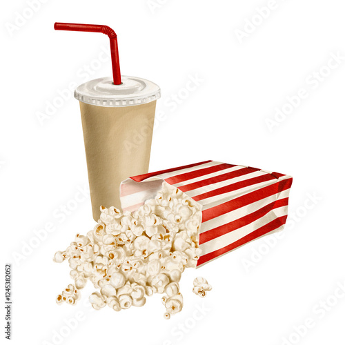  Popcorn in a striped paper bag. Drink in a disposable paper cup with a plastic lid and straw. Lots of snacks for movies and parties. Classic rktro style. watercolor illustration without background
