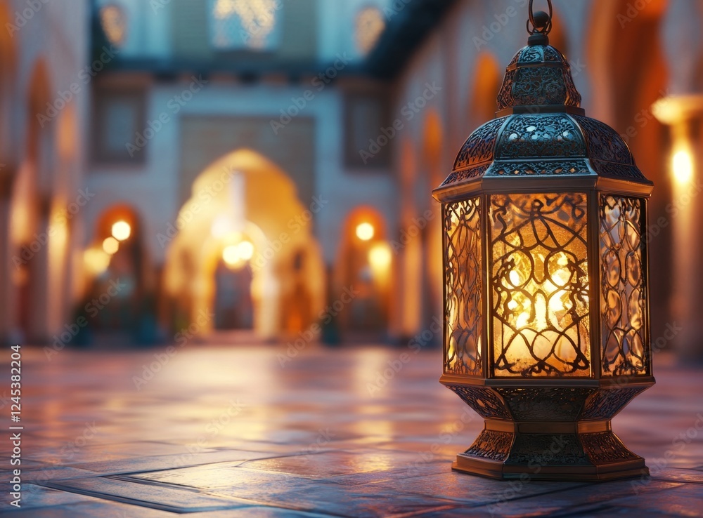Illuminated Lantern in Moroccan Courtyard at Dusk Illuminated Lantern in Moroccan Courtyard at Dusk