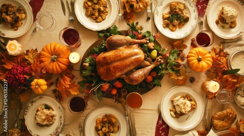 Thanksgiving family gathering around the table cozy home setting festive feast warm atmosphere aerial view togetherness photo