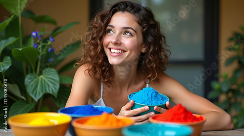  Young Woman with a Warm Bright Smile and Curly Hair – Ready for holi
