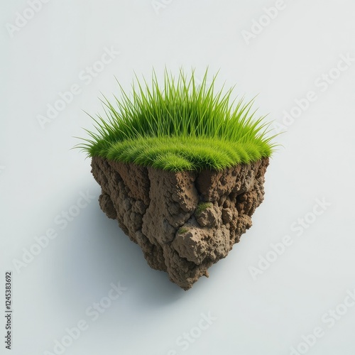 Floating Island with Grass, 3D Render, Nature Concept
