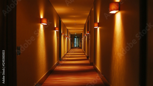 Long hotel corridor with warm lighting and carpet.