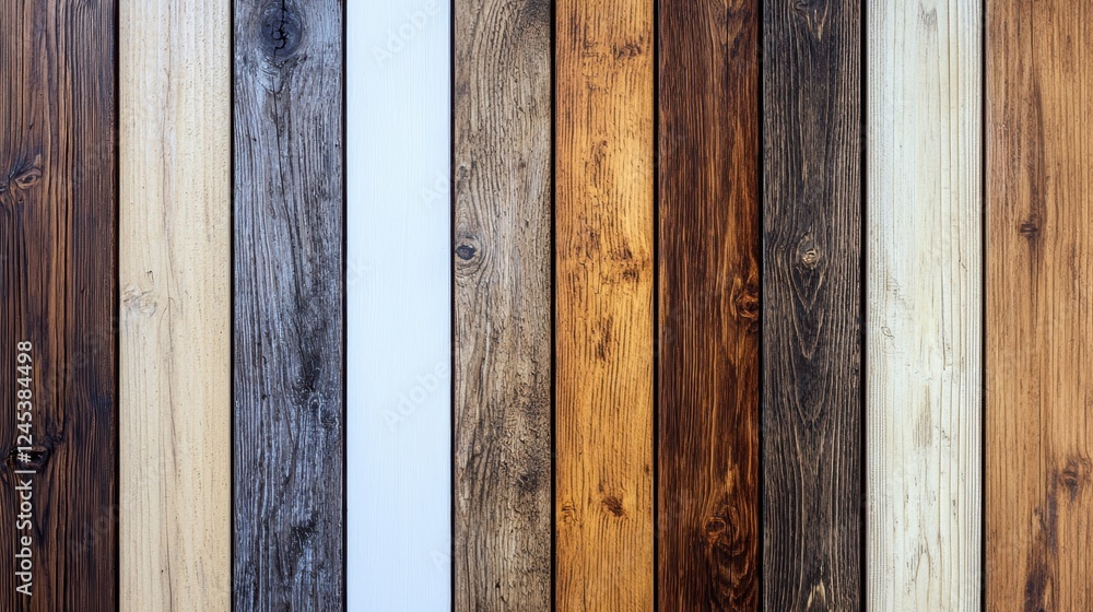 Variety of wooden planks in different shades and textures displayed vertically Variety of wooden planks in different shades and textures displayed vertically