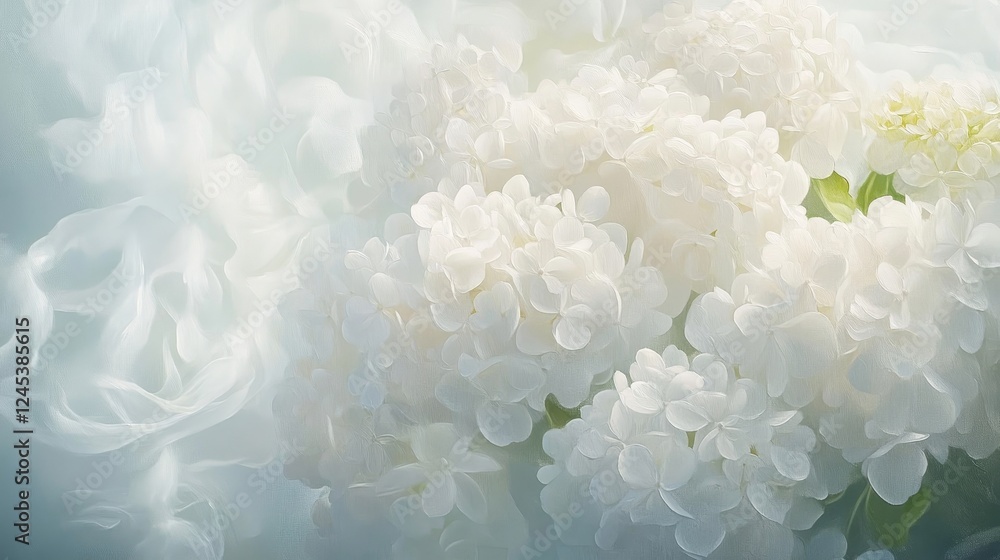 Fototapeta premium Elegant white hydrangeas in soft focus with delicate light and gentle atmosphere