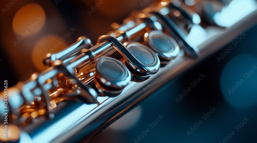 Fototapeta premium Close-up of a Silver Flute, Musical Instrument Detail