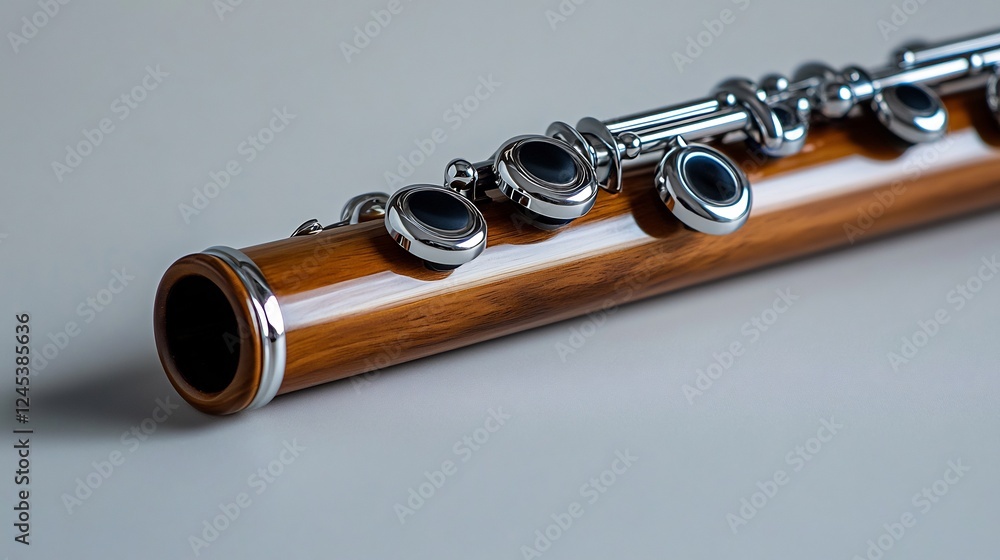 Naklejka premium Elegant Wooden Flute: A Close-Up View of a Musical Instrument