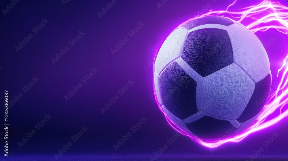 Fototapeta premium Glowing Football or Soccer Ball in Slow Motion Action with Dynamic Energy and Lighting Effects on Dark Purple Background Abstract Sports Equipment and Athlete Concept