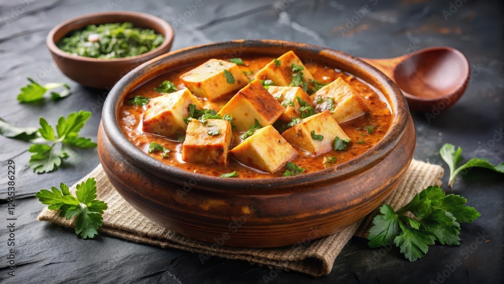 Traditional Indian dish of paneer served in a clay pot with a garam masala flavored sauce and garnished with fresh herbs like cilantro and mint leaves , mint, clay pot Traditional Indian dish of paneer served in a clay pot with a garam masala flavored sauce and garnished with fresh herbs like cilantro and mint leaves , mint, clay pot