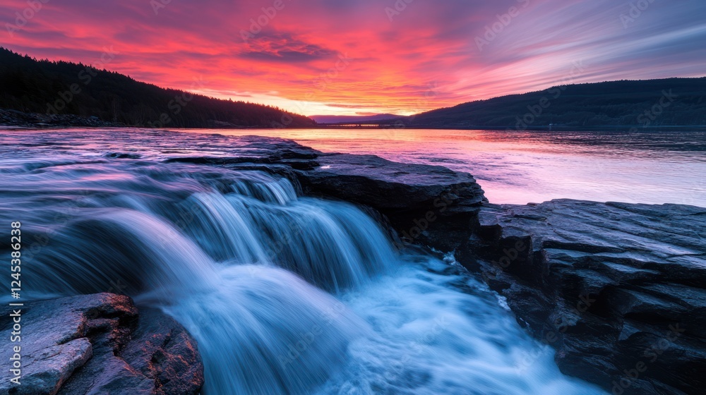 Fototapeta premium Vibrant sunrise over river waterfall, mountains background; nature scene
