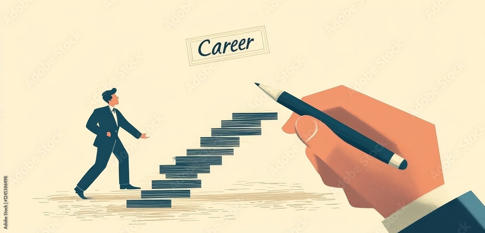 Asian male climbing career ladder using life goals with handwriting illustration concept Asian male climbing career ladder using life goals with handwriting illustration concept