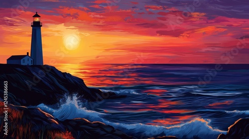 Sun Setting Behind Romantic Lighthouse