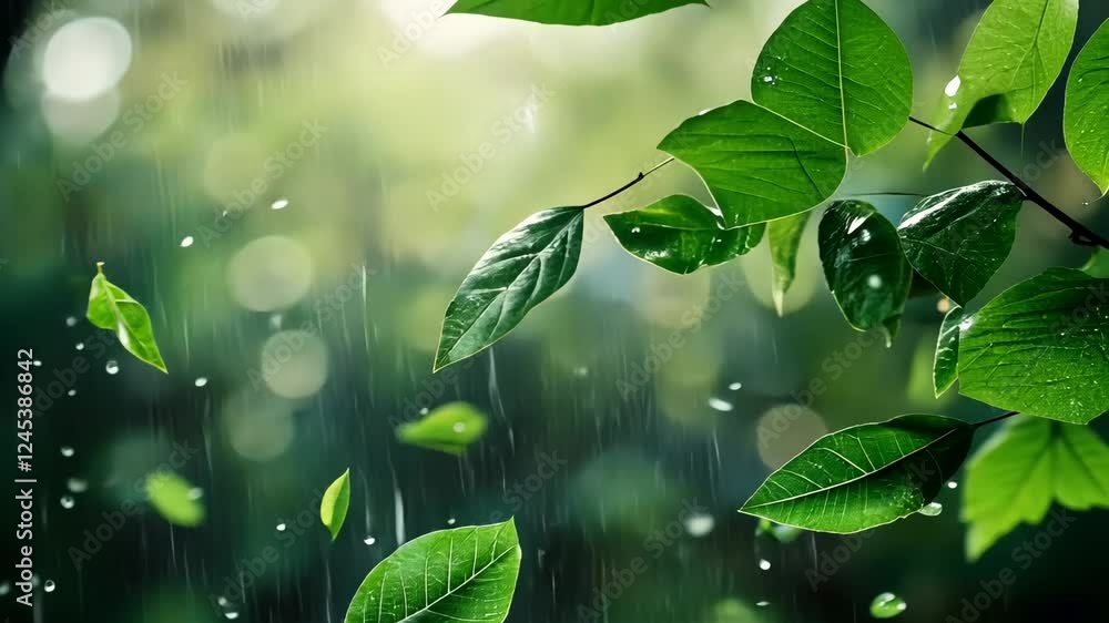 Falling leaves and rain: a serene dance in a lush forest landscape Falling leaves and rain: a serene dance in a lush forest landscape